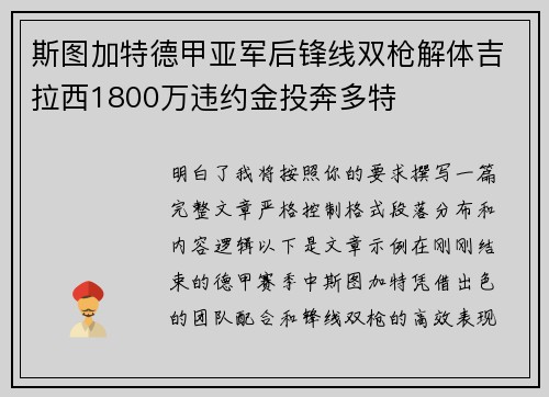 斯图加特德甲亚军后锋线双枪解体吉拉西1800万违约金投奔多特